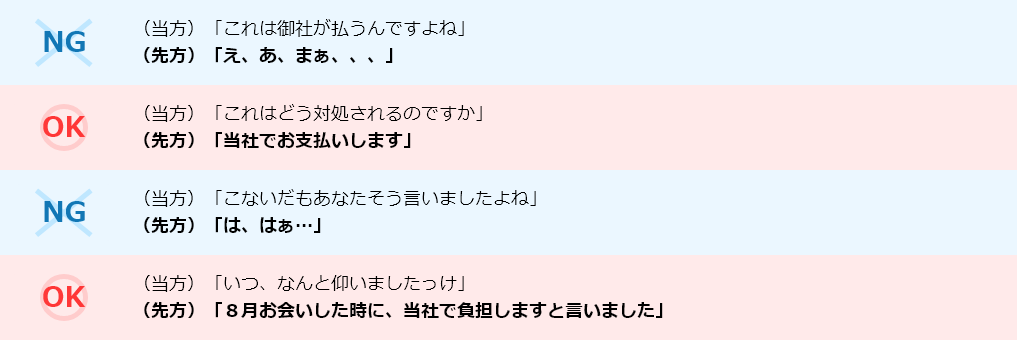 (NG)（当方）「これは御社が払うんですよね」（先方）「え、あ、まぁ、、、」/(OK)（当方）「これはどう対処されるのですか」（先方）「当社でお支払いします」/(NG)（当方）「こないだもあなたそう言いましたよね」（先方）「は、はぁ…」/(OK)（当方）「いつ、なんと仰いましたっけ」（先方）「８月お会いした時に、当社で負担しますと言いました」